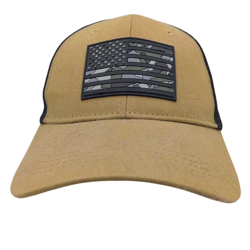 Highland Tactical Hat Cap Tan Black Mesh Back US Flag Patch Snapback Trucker